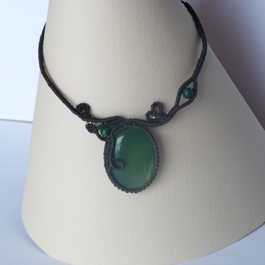 Chocolate brown micro-macramé necklace with a green gemstone