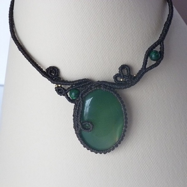 Chocolate brown micro-macram&eacute; necklace with a green gemstone
