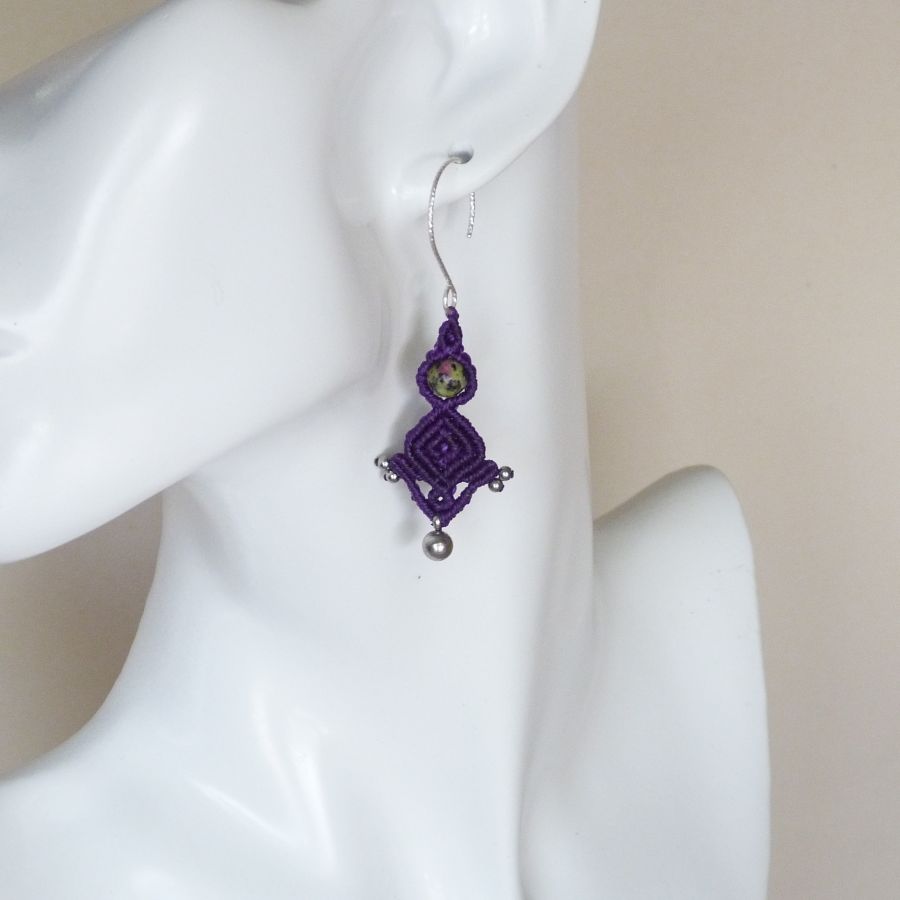 Pair of purple micro-macramé earrings with 925 silver hook