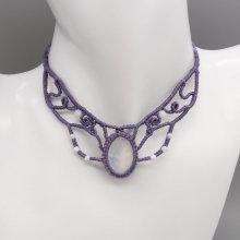 Micro-macramé necklace, mauve grey mother of pearl