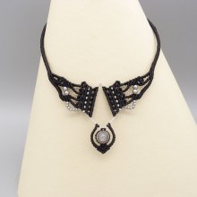 Black micro-macramé necklace with a labradorite set