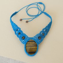 Turquoise blue necklace in micro-macramé with a natural stone cabochon, the eye of tiger 