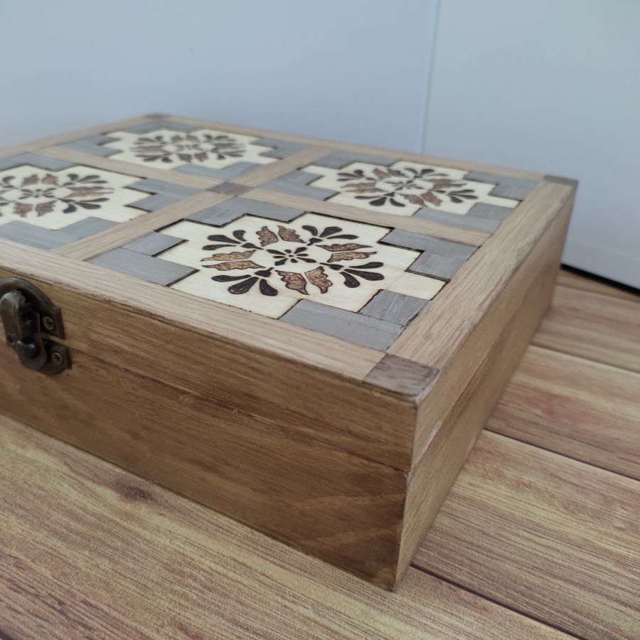 Wooden box, handmade decoration, wood veneer marquetry, pyrographed reliefs, painted, "Cement tiles" inspiration.  Various storage boxes, interior decoration.