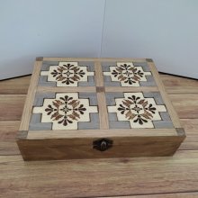 Wooden box, handmade decoration, wood veneer marquetry, pyrographed reliefs, painted, "Cement tiles" inspiration.  Various storage boxes, interior decoration.