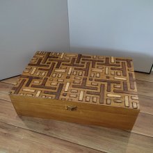 Wooden box, handcrafted decoration, wood veneer marquetry, pyrographed reliefs, geometric pattern.  Large box for various storage, interior decoration.