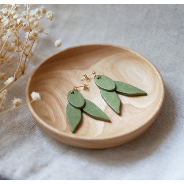 Wooden earrings Cicadas green shiny