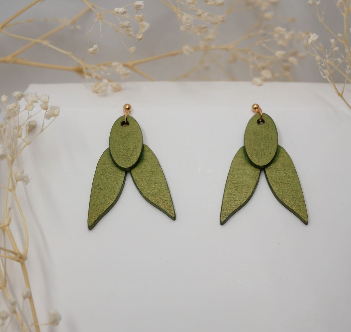 Wooden earrings Cicadas green shiny