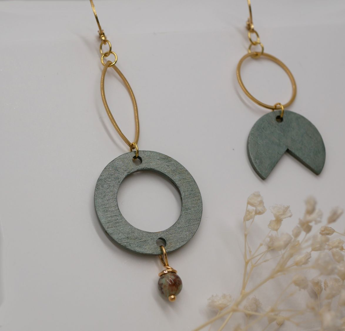 Wood and gold brass asymmetrical geometric earrings