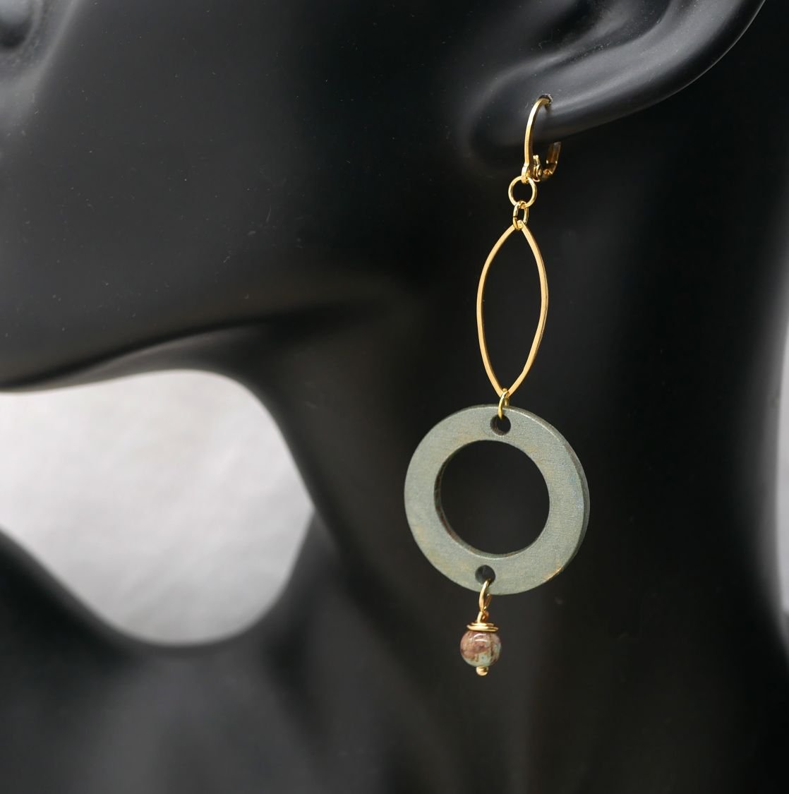 Wood and gold brass asymmetrical geometric earrings