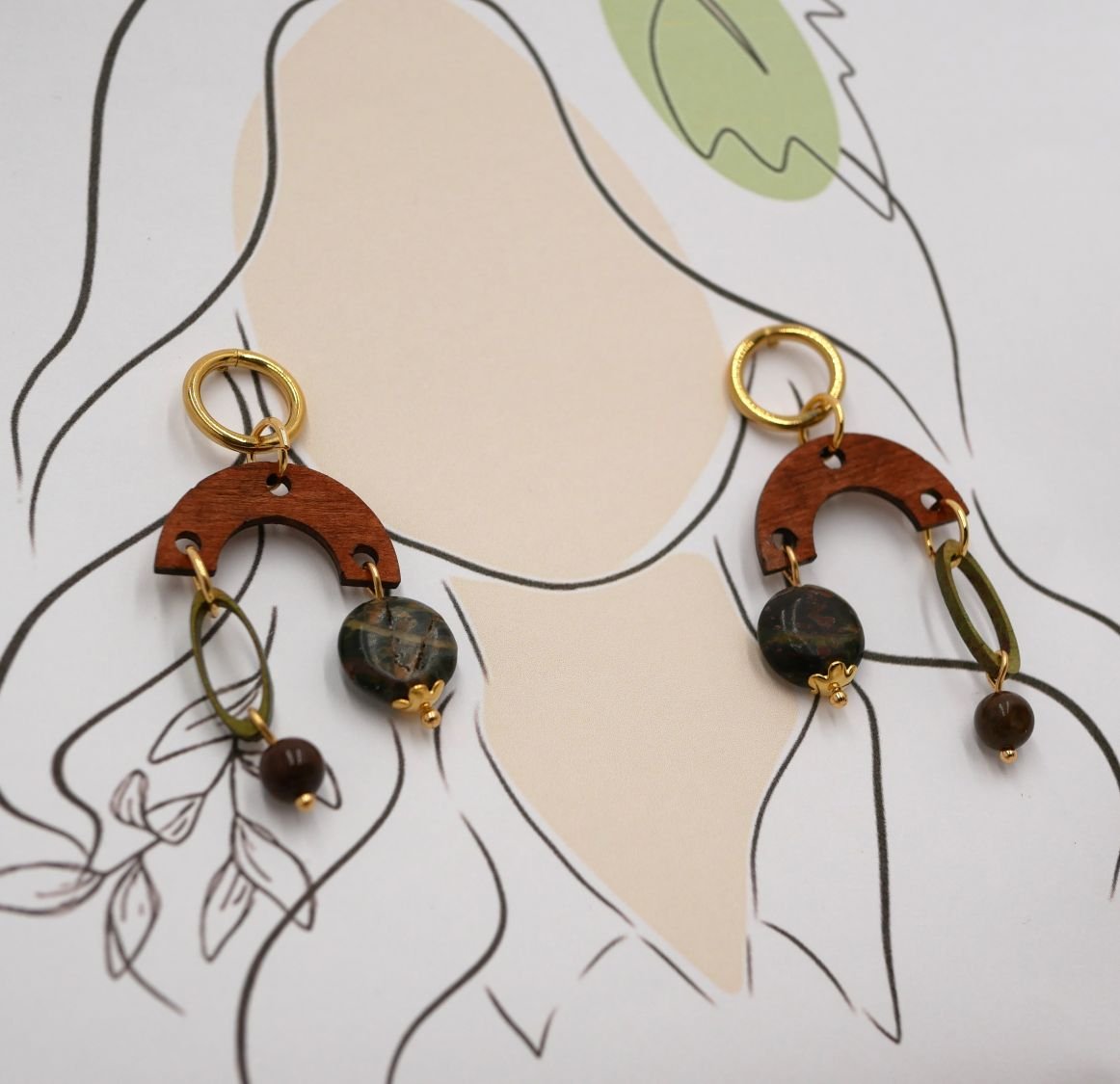 Wooden earrings, gemstones and golden brass