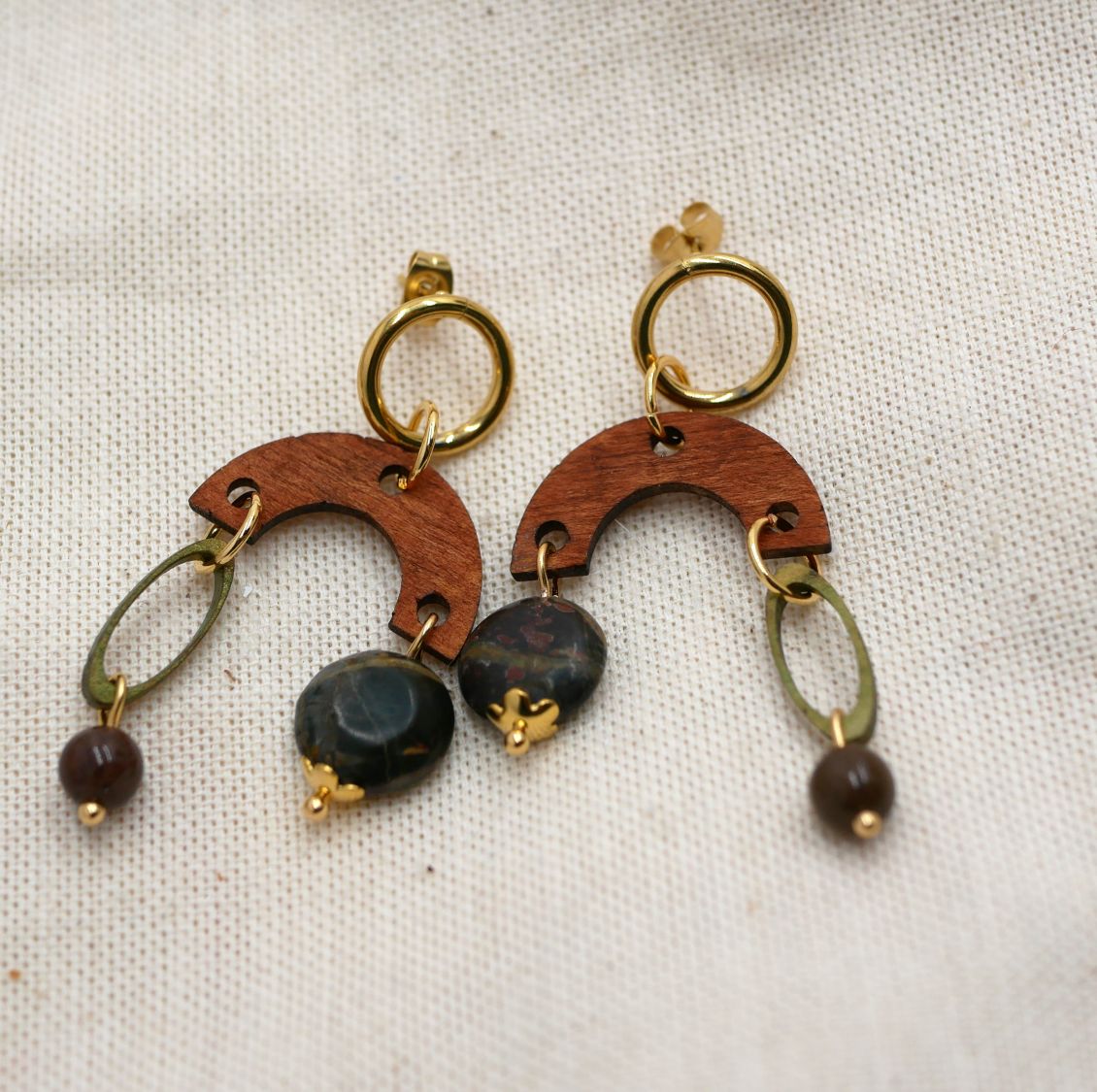 Wooden earrings, gemstones and golden brass