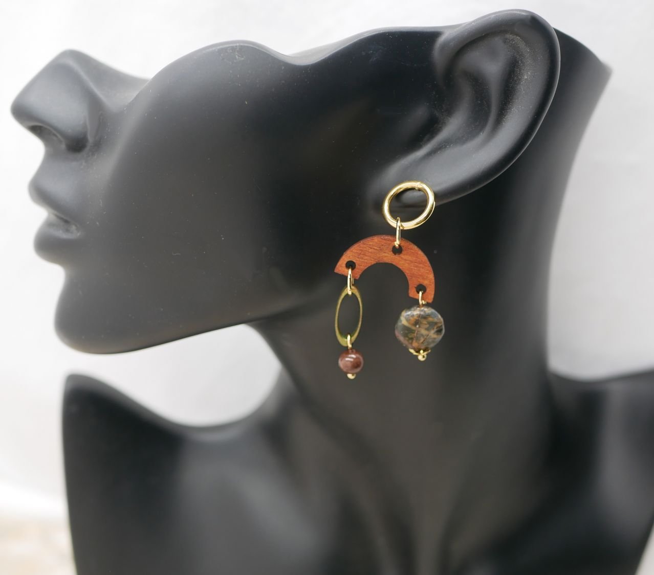 Wooden earrings, gemstones and golden brass