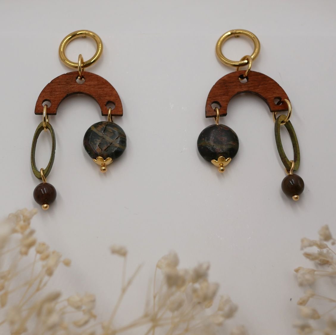 Wooden earrings, gemstones and golden brass