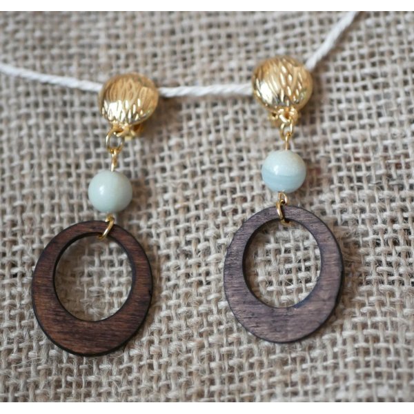 Walnut wood and amazonite gemstone clip on earrings