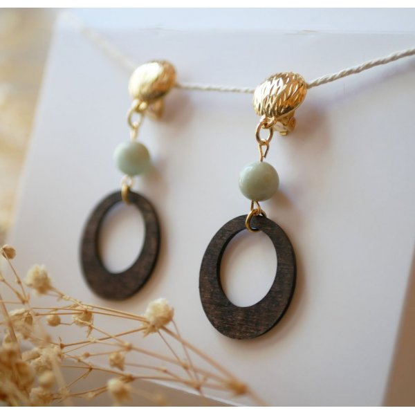 Walnut wood and amazonite gemstone clip on earrings