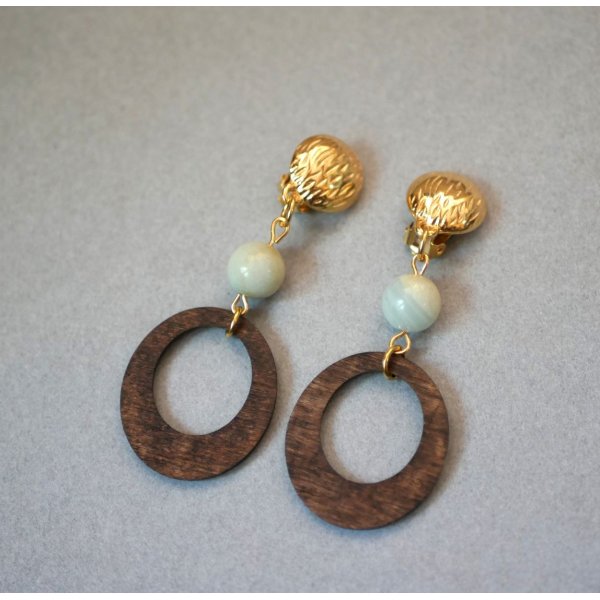 Walnut wood and amazonite gemstone clip on earrings