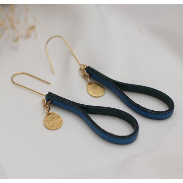 Blue leather earrings with gold tassel