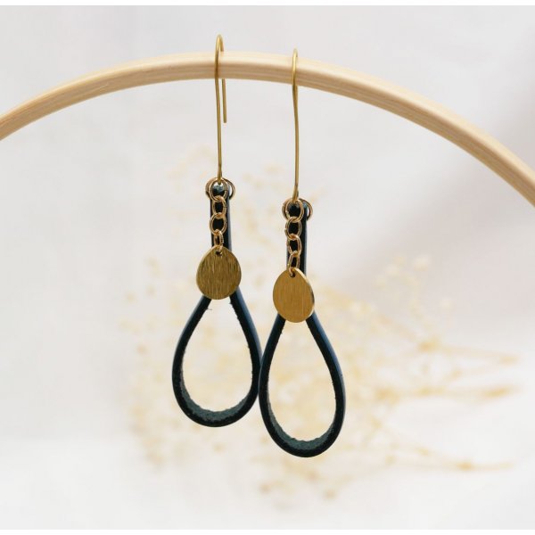 Blue leather earrings with gold tassel