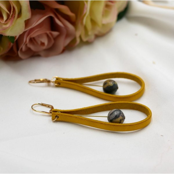 Mustard yellow leather and gemstone earrings 