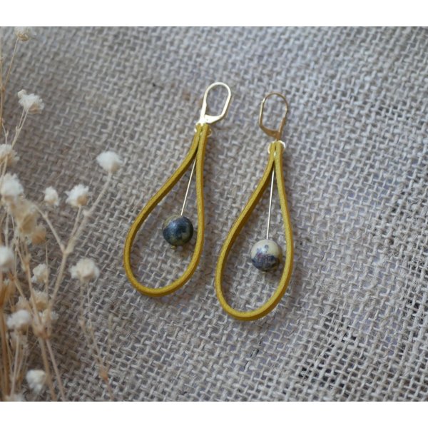 Mustard yellow leather and gemstone earrings 