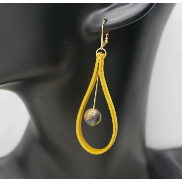 Mustard yellow leather and gemstone earrings 