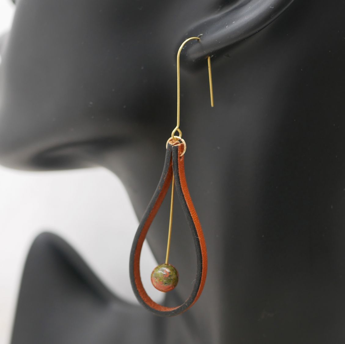 Brown leather and Unakite gemstone earrings