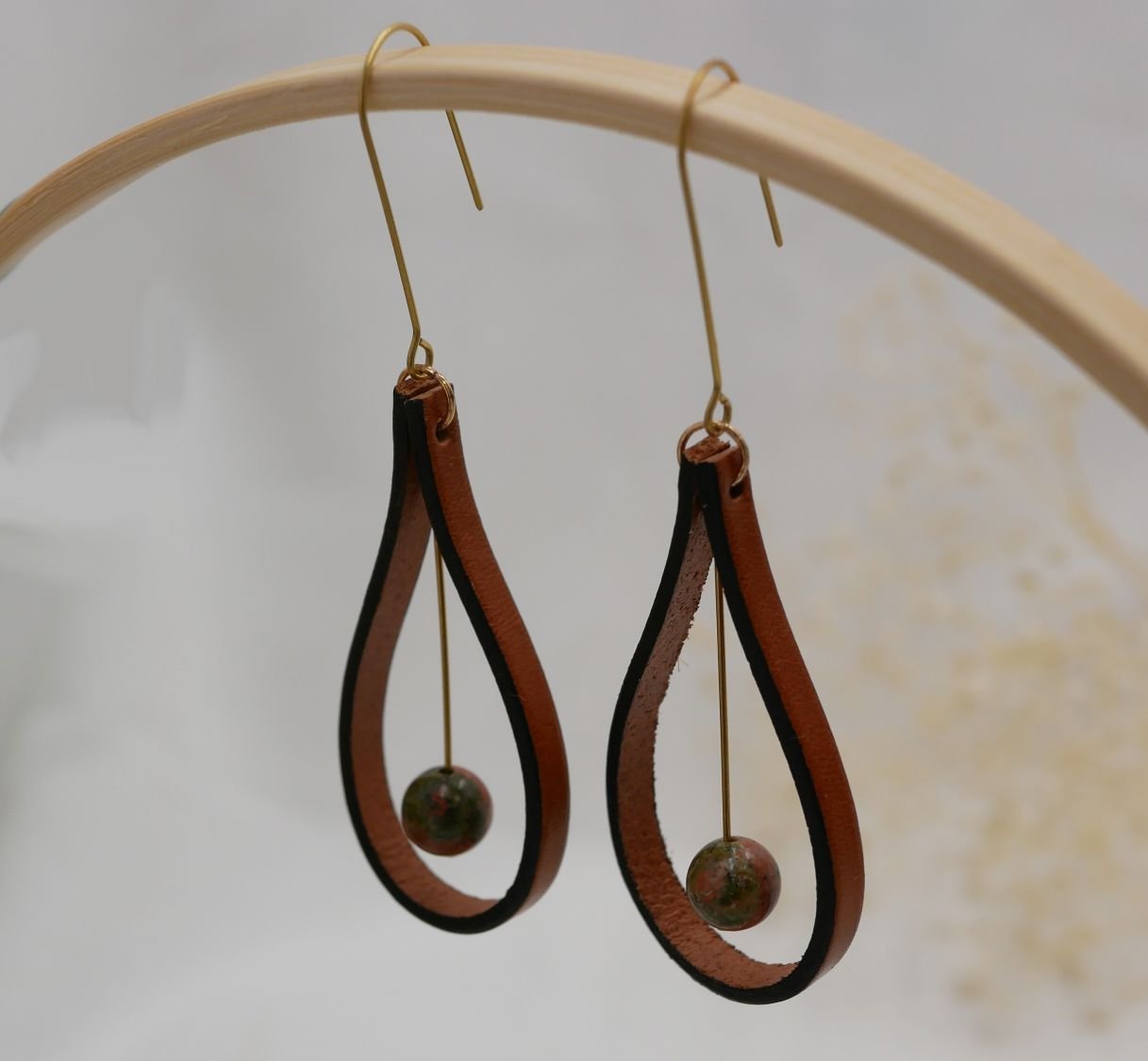 Brown leather and Unakite gemstone earrings