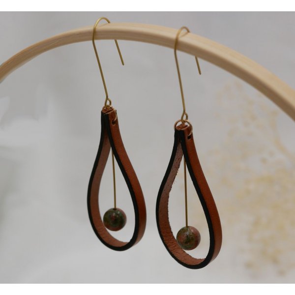 Brown leather and Unakite gemstone earrings