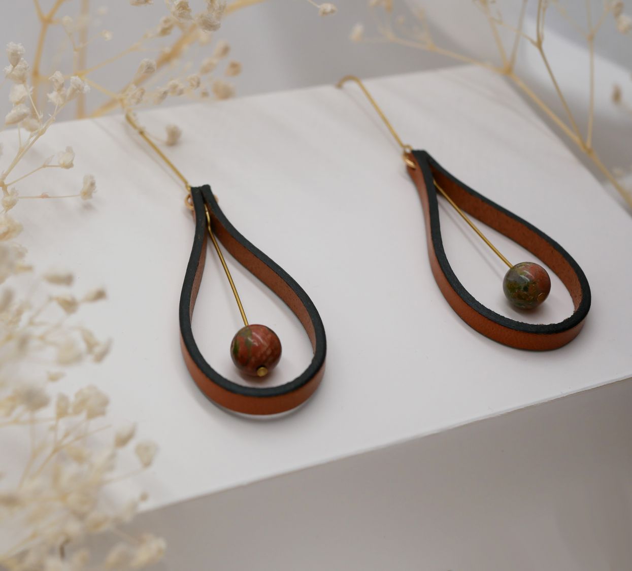 Brown leather and Unakite gemstone earrings