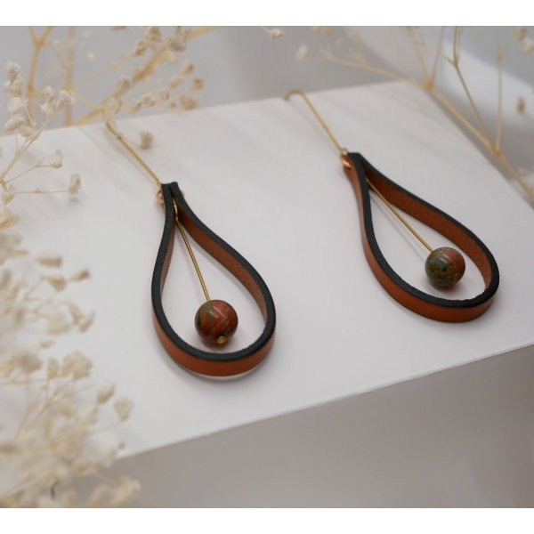 Brown leather and Unakite gemstone earrings