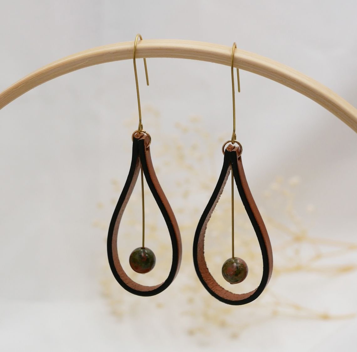 Brown leather and Unakite gemstone earrings