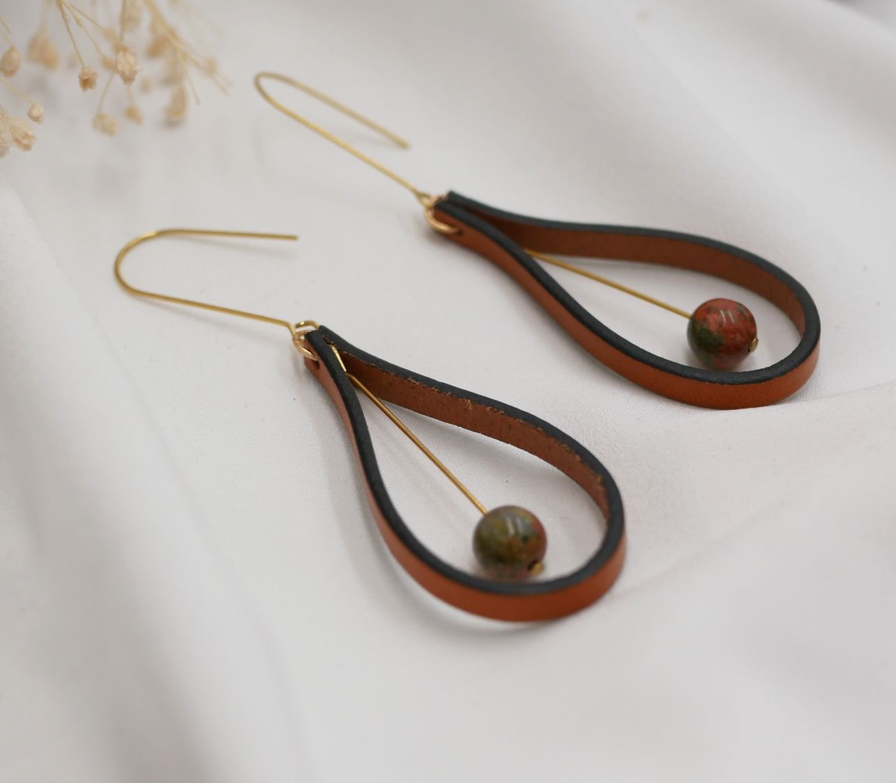 Brown leather and Unakite gemstone earrings