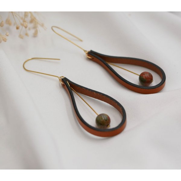 Brown leather and Unakite gemstone earrings
