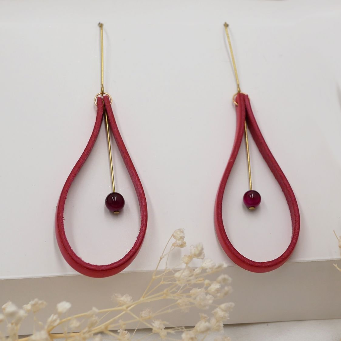 Coral red leather earrings with matching pearls