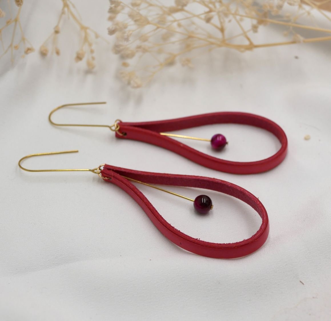 Coral red leather earrings with matching pearls