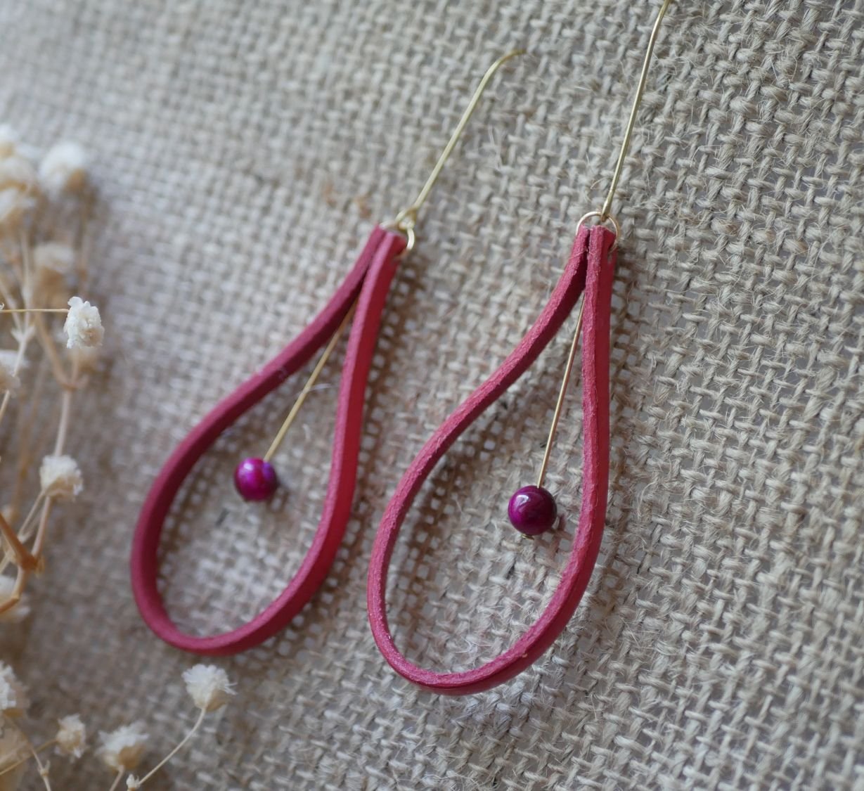 Coral red leather earrings with matching pearls