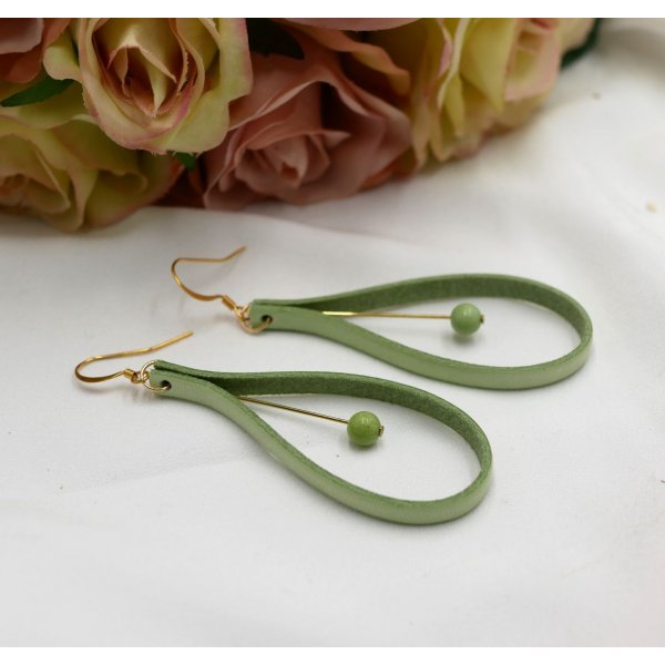 Almond green leather and light green gemstone earrings