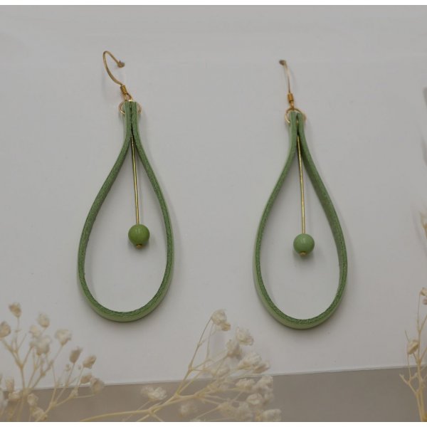 Almond green leather and light green gemstone earrings