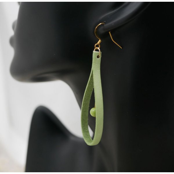 Almond green leather and light green gemstone earrings