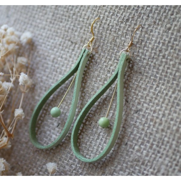 Almond green leather and light green gemstone earrings
