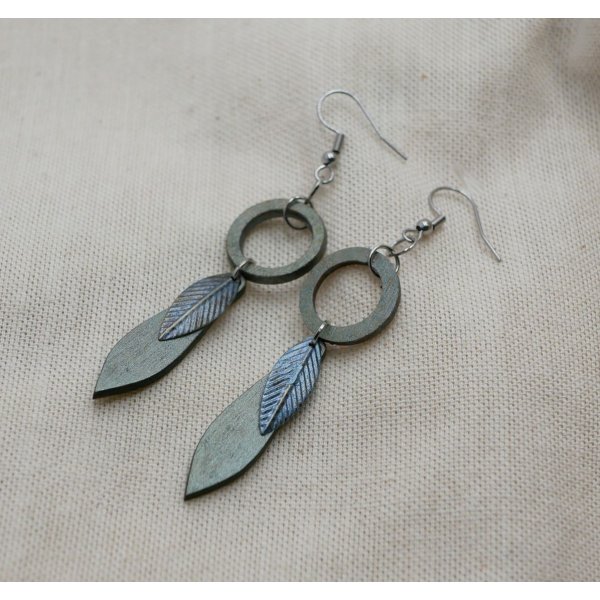 Leaf earrings made of wood and metal with a greenish-grey patina