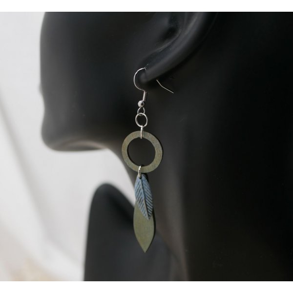 Leaf earrings made of wood and metal with a greenish-grey patina