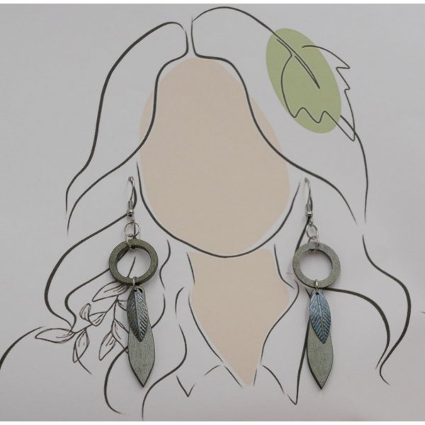Leaf earrings made of wood and metal with a greenish-grey patina