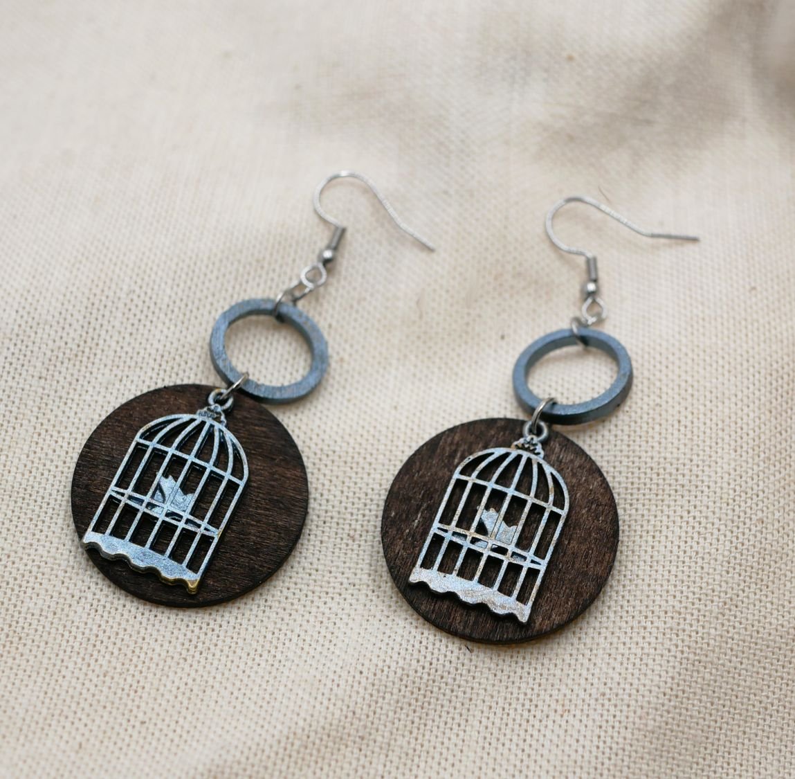 Wooden graphic earrings walnut pendant Bird cage