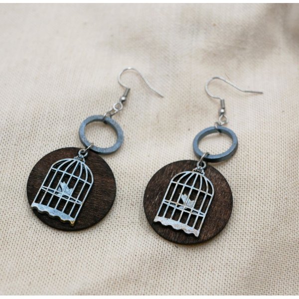 Wooden graphic earrings walnut pendant Bird cage