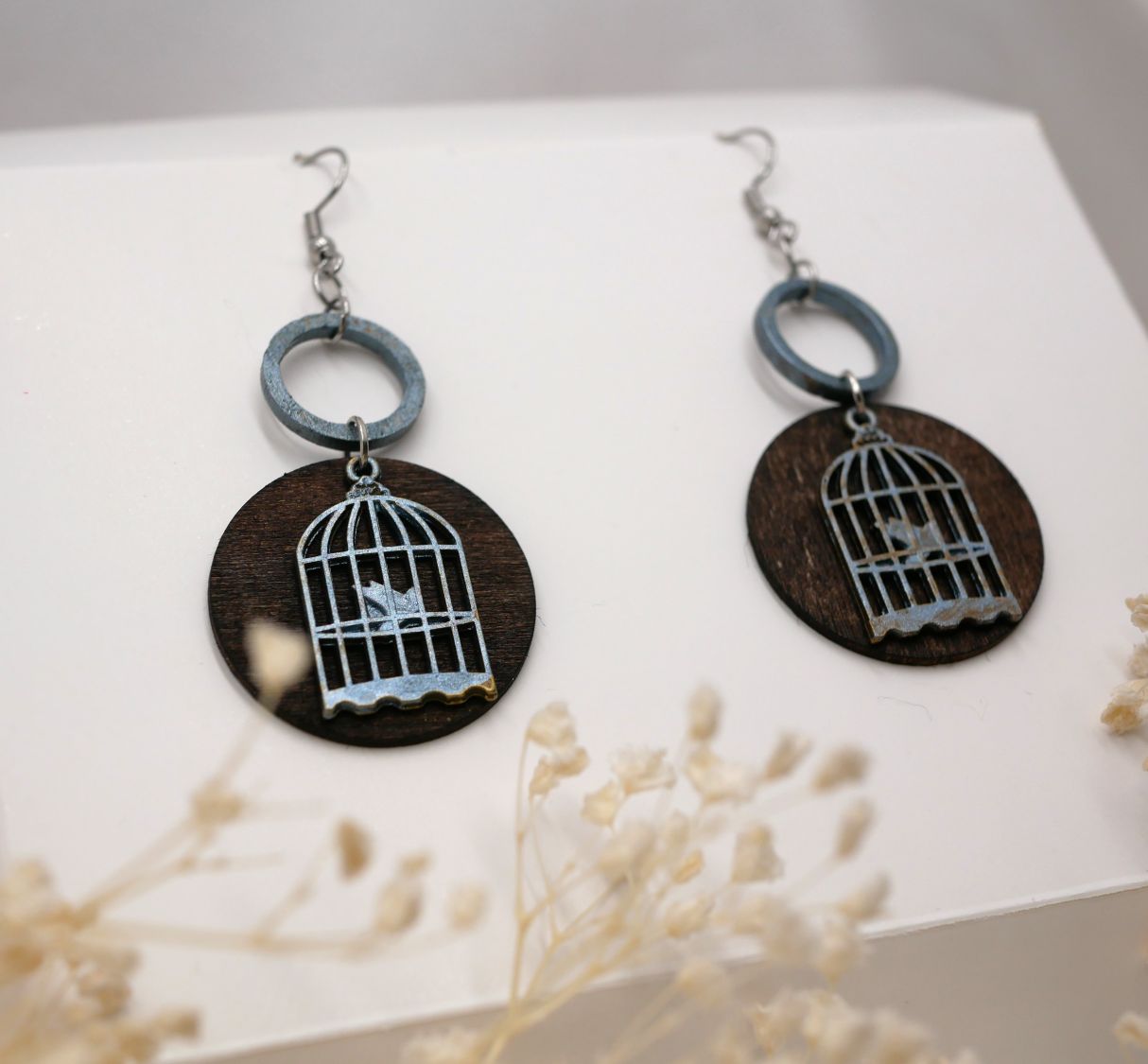 Wooden graphic earrings walnut pendant Bird cage