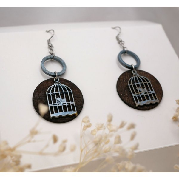 Wooden graphic earrings walnut pendant Bird cage