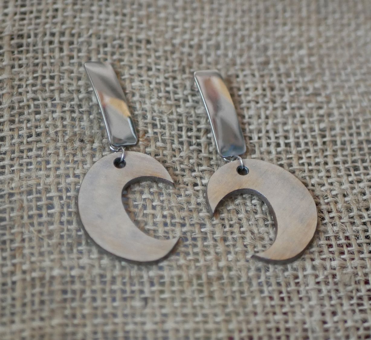 Silver plated patinated wood graphic earrings 