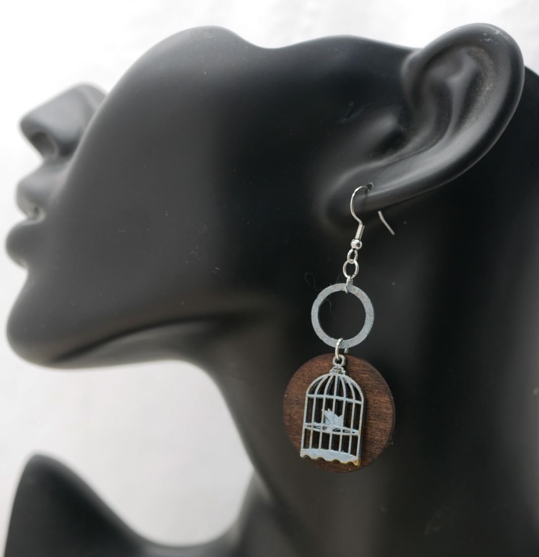 Wooden graphic earrings walnut pendant Bird cage