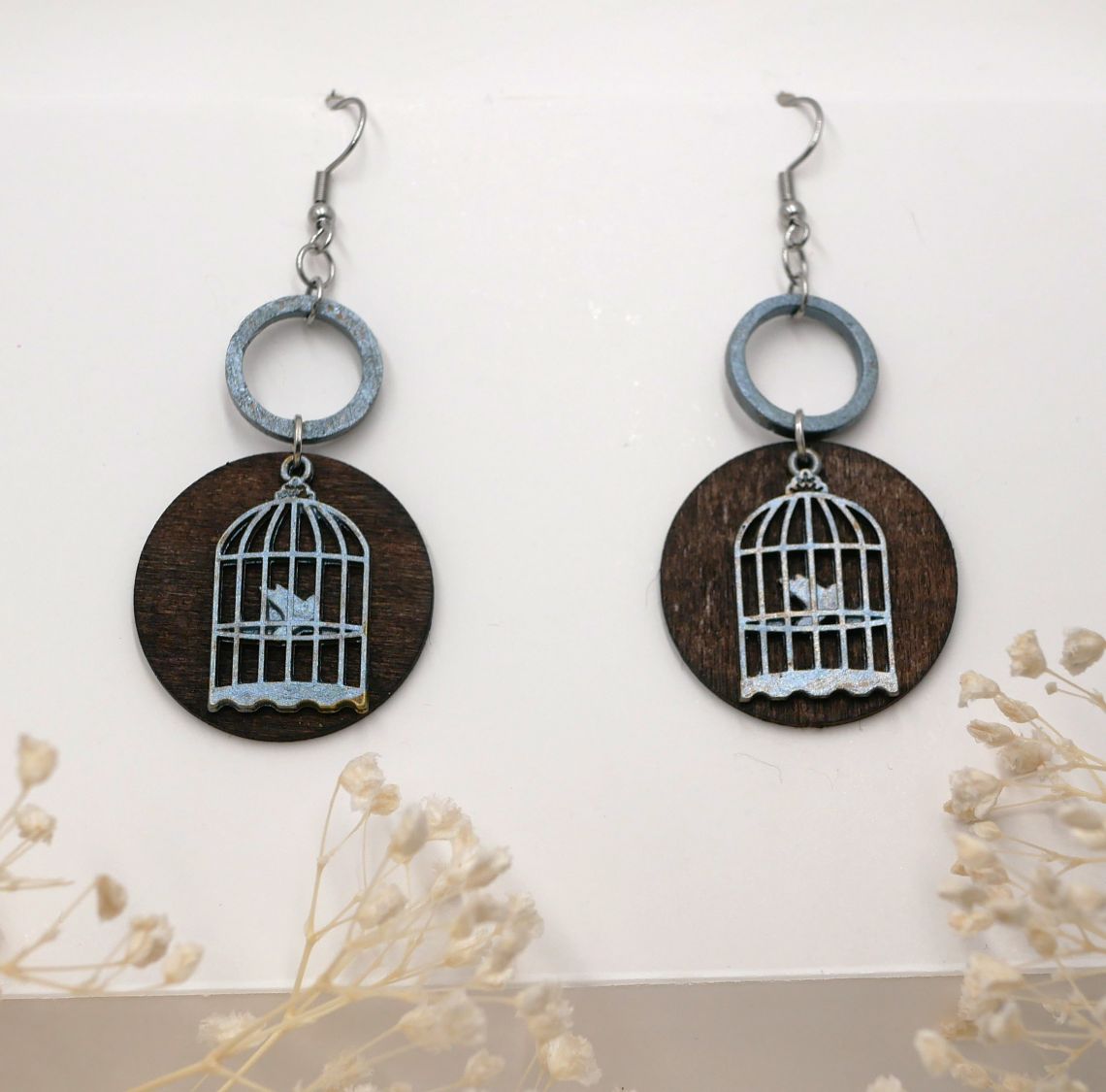 Wooden graphic earrings walnut pendant Bird cage